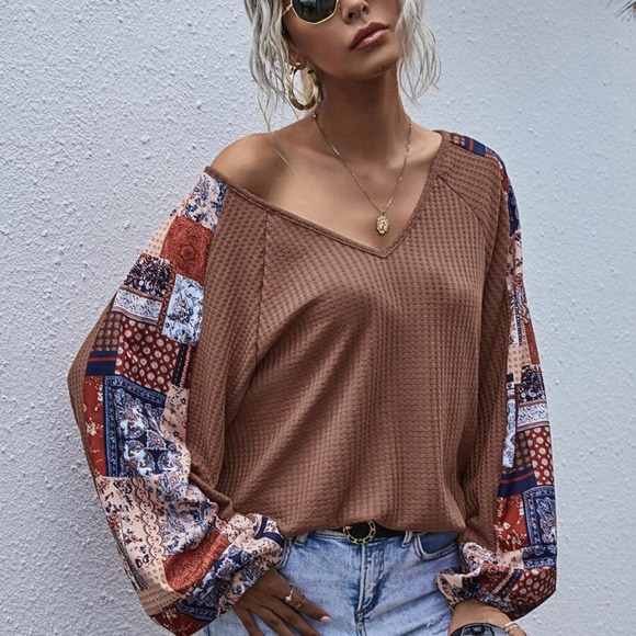 Tops - brown  v neck wide sleep waffle long sleeve top